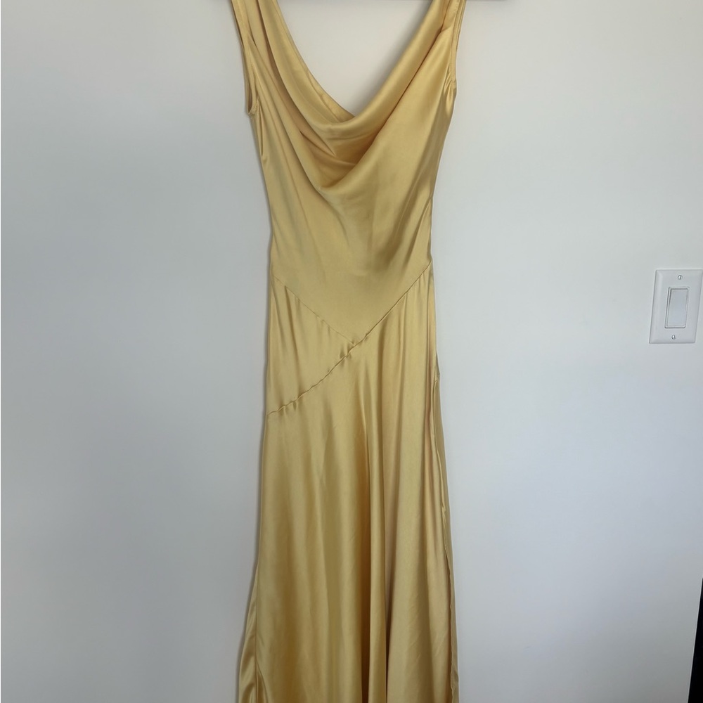 BHLDN Pale Butter Yellow Backless Satin Cowl Slip Dress
